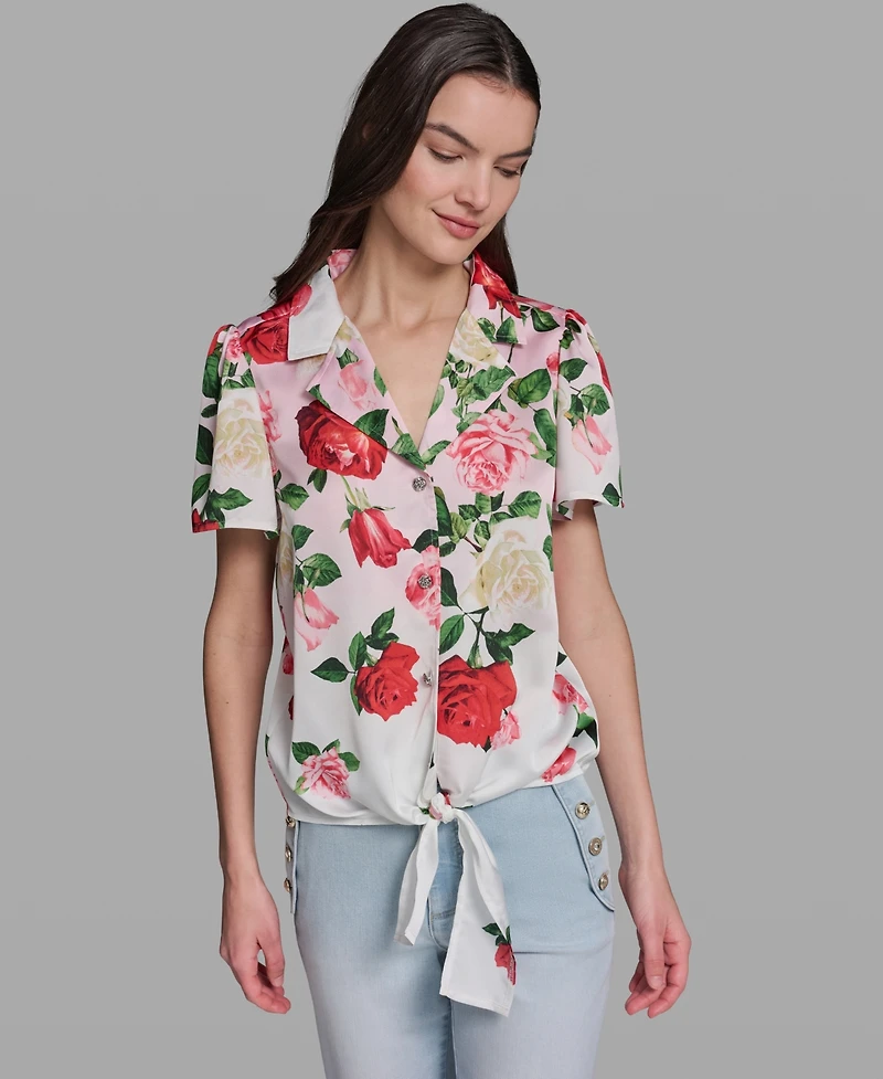 Karl Lagerfeld Paris Women's Printed Collared Tie-Front Polyester Top