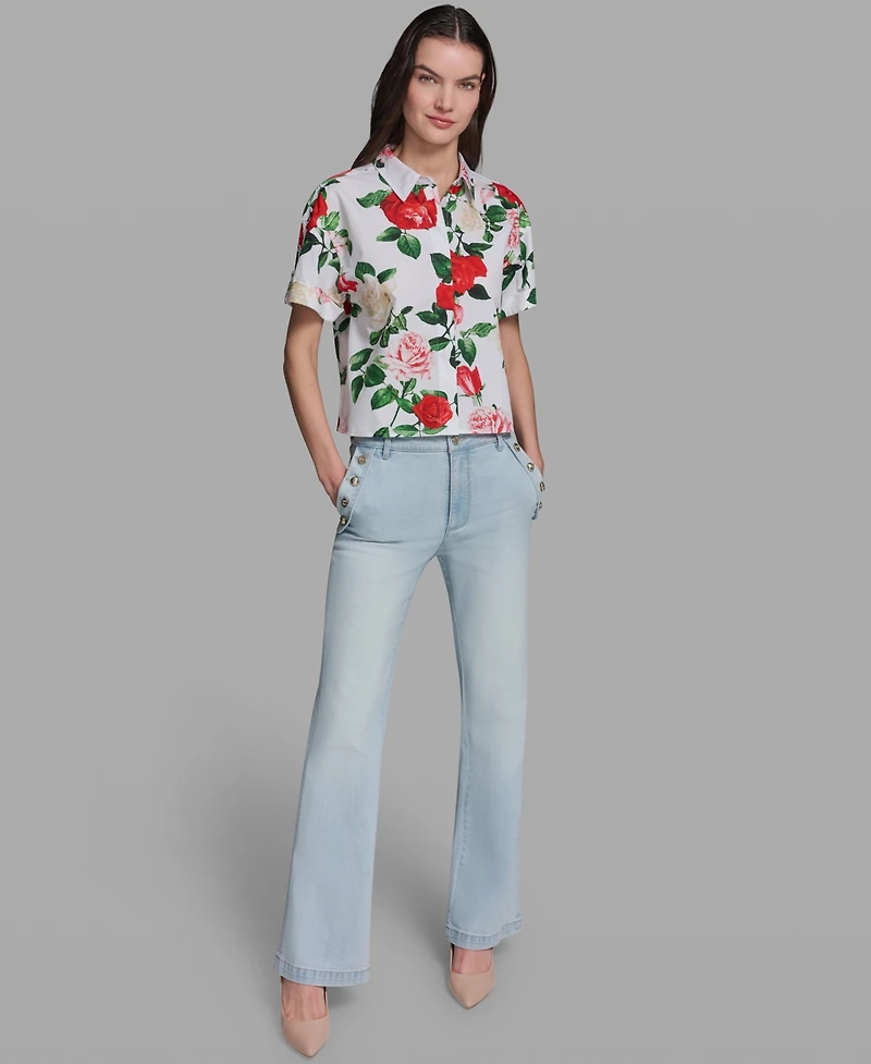 Karl Lagerfeld Paris Women's Printed Short-Sleeve Camp Shirt