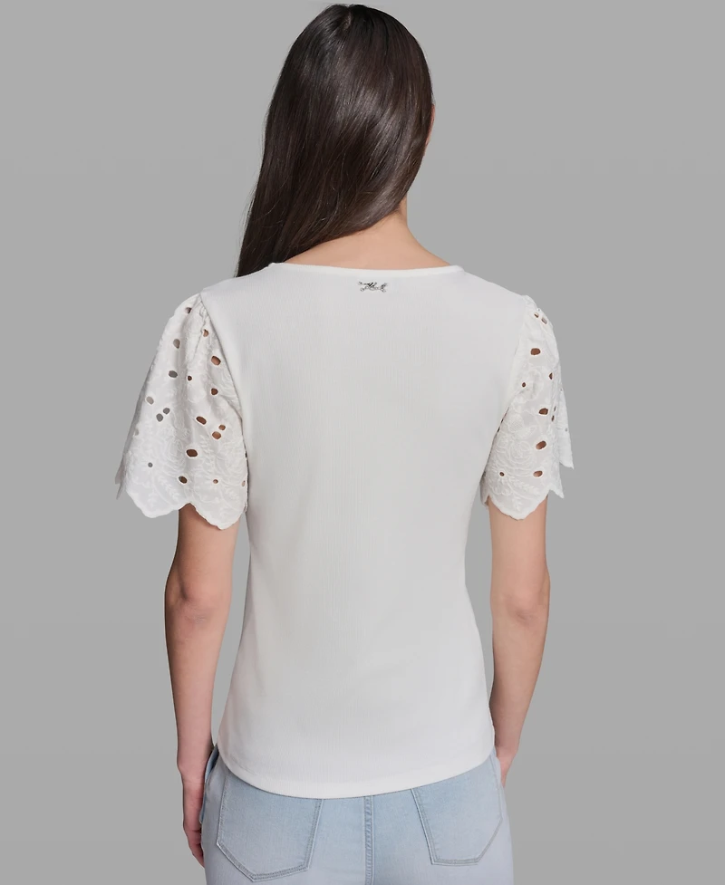 Karl Lagerfeld Paris Women's Eyelet Mix Media V-Neck Top