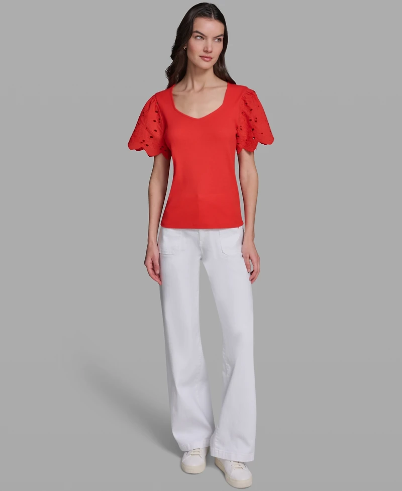 Karl Lagerfeld Paris Women's Eyelet Mix Media V-Neck Top