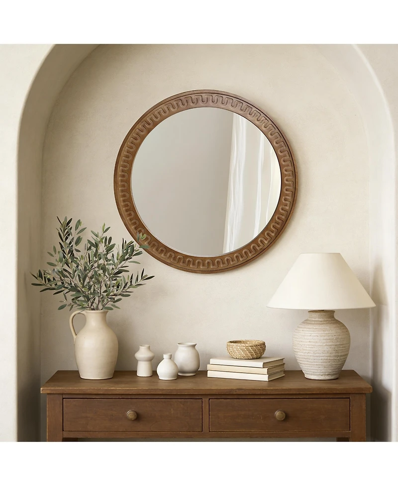 LuxenHome 25.8'' Round Wall Mirror, Carved Rubberwood Frame, Living Room Wall Accent