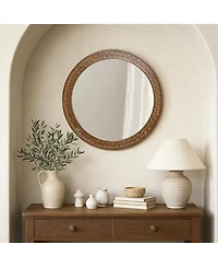 LuxenHome 25.8'' Round Wall Mirror, Carved Rubberwood Frame, Living Room Wall Accent