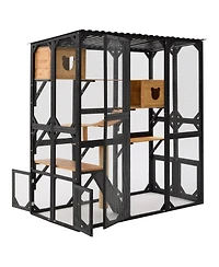 Zeus & Ruta Fir Wood Outdoor Cat Enclosure With Sleeping House Jumping Platforms And Secure Doors
