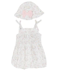Rare Editions Baby Girls' Square Neck Bubble Romper with Hat
