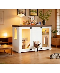 Zeus & Ruta 47.25" Led Light Litter Box Enclosure with Hidden Cat Furniture Cabinet, Stairway Scratching Post and Smart Doors