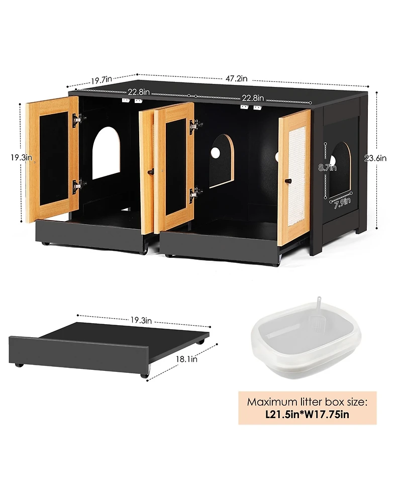 Zeus & Ruta Double-Cat Litter Enclosure Hidden Furniture with Rattan Doors, 47"L x 19.8"W x 21.8"H