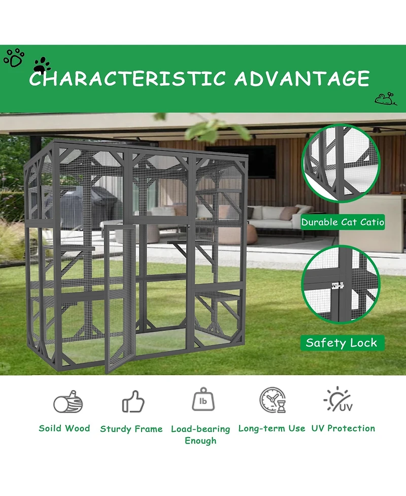 Zeus & Ruta Large Cat Haven with Elevated Sleeping Platform, 71" Wooden Frame with Asphalt Roof, Indoor/Outdoor Enclosure with Wheels