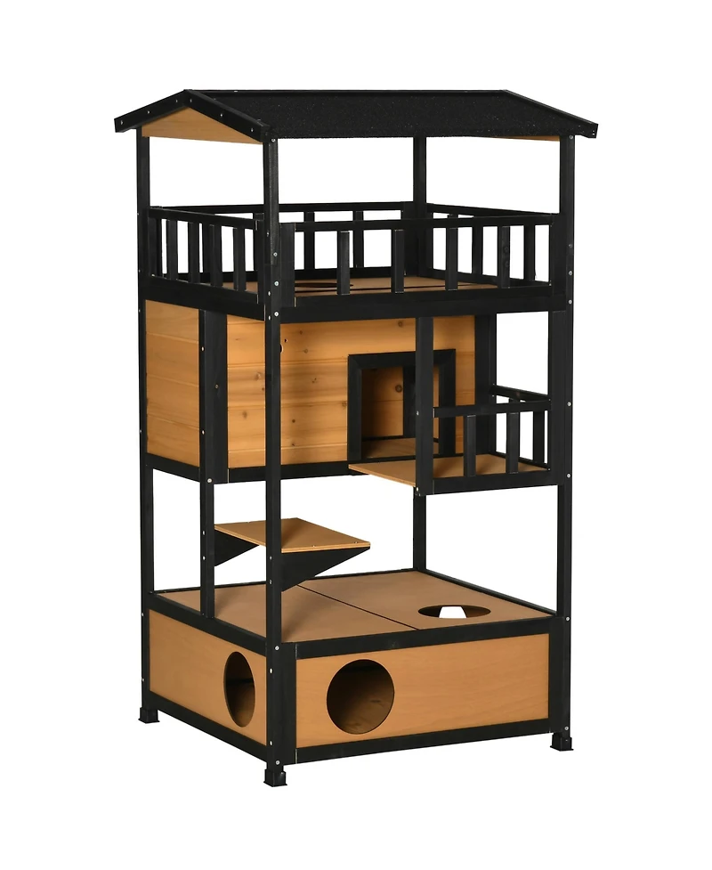 Zeus & Ruta Outdoor Multi-Cat Haven with Solid Wood, Asphalt Roof, Escape Doors, Condo Platform, Elevated Design