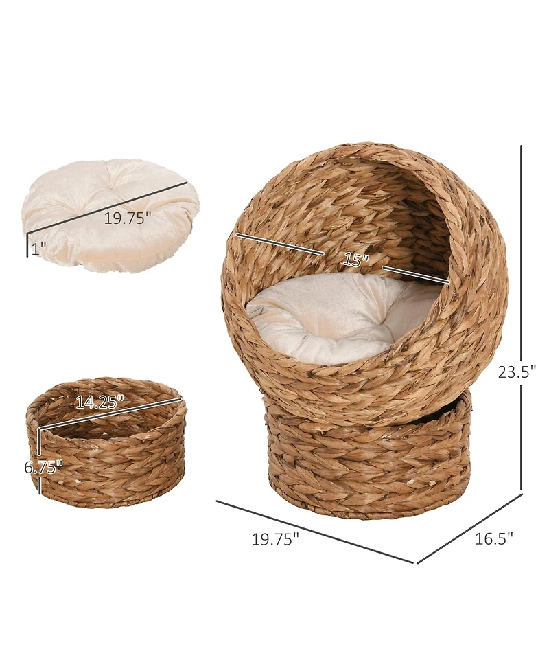 Zeus & Ruta Handwoven Cat Retreat: Elevated Bed with Soft Cushion and Egg-Shaped Design, Wicker Frame with Stand