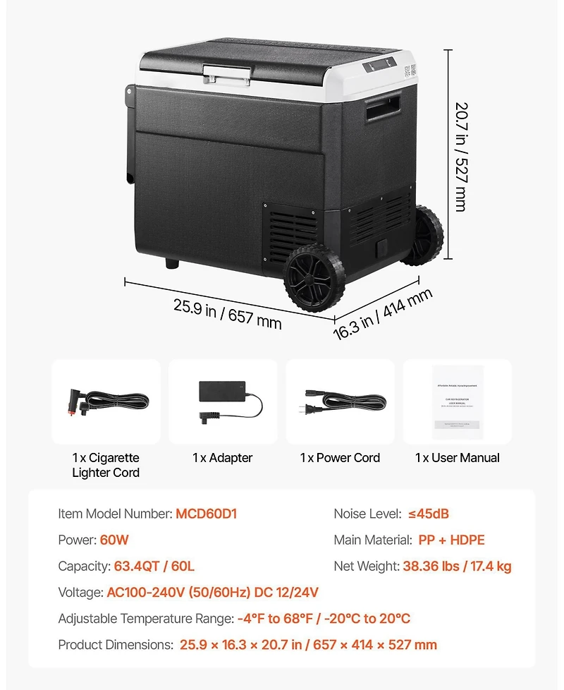 Mecale 63.4QT/60L 12 Volt Car Refrigerator, Portable Electric Cooler with Wheels and Handle, -468, 12/24V Dc and 100-240V Ac