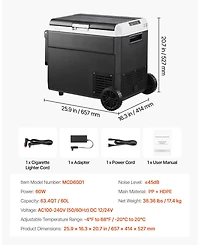 Mecale 63.4QT/60L 12 Volt Car Refrigerator, Portable Electric Cooler with Wheels and Handle, -468, 12/24V Dc and 100-240V Ac