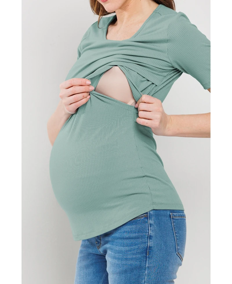 Hello Miz Maternity Short Sleeve Ribbed Crossover Nursing T-Shirt