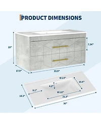 homfan Bathroom Cabinet with Sink Combo, Floating Vanity Ceramic Basin, 2 Large Drawers Gold Handle, Soft-Close Design