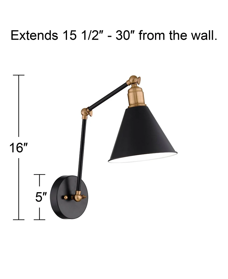 360 Lighting Wray Modern Wall Lamps Set of 2 Painted Black Brass Hardwire Light Fixture Adjustable Arm Metal Cone Shade for Bedroom Reading