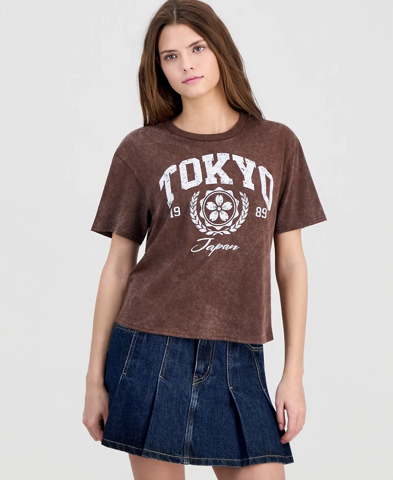 Rebellious One Juniors' Tokyo Graphic Mineral-Wash Crop Tee