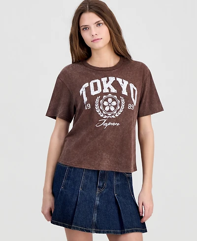 Rebellious One Juniors' Tokyo Graphic Mineral-Wash Crop Tee
