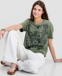 Rebellious One Juniors' Butterfly Mineral-Wash Round-Neck Tee