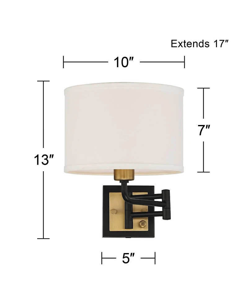 360 Lighting Joelle Modern Swing Arm Wall Lamps Set of 2 Brass Black Plug-in Light Fixture Fabric Drum Shade for Bedroom Bedside Living Room Reading