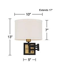 360 Lighting Joelle Modern Swing Arm Wall Lamps Set of 2 Brass Black Plug-in Light Fixture Fabric Drum Shade for Bedroom Bedside Living Room Reading