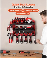 Mecale Wall-Mount Power Tool Organizer, 3-Tier Storage Rack with 4 Drill Holders, Side Pegboards, Garage Tool Storage Rack