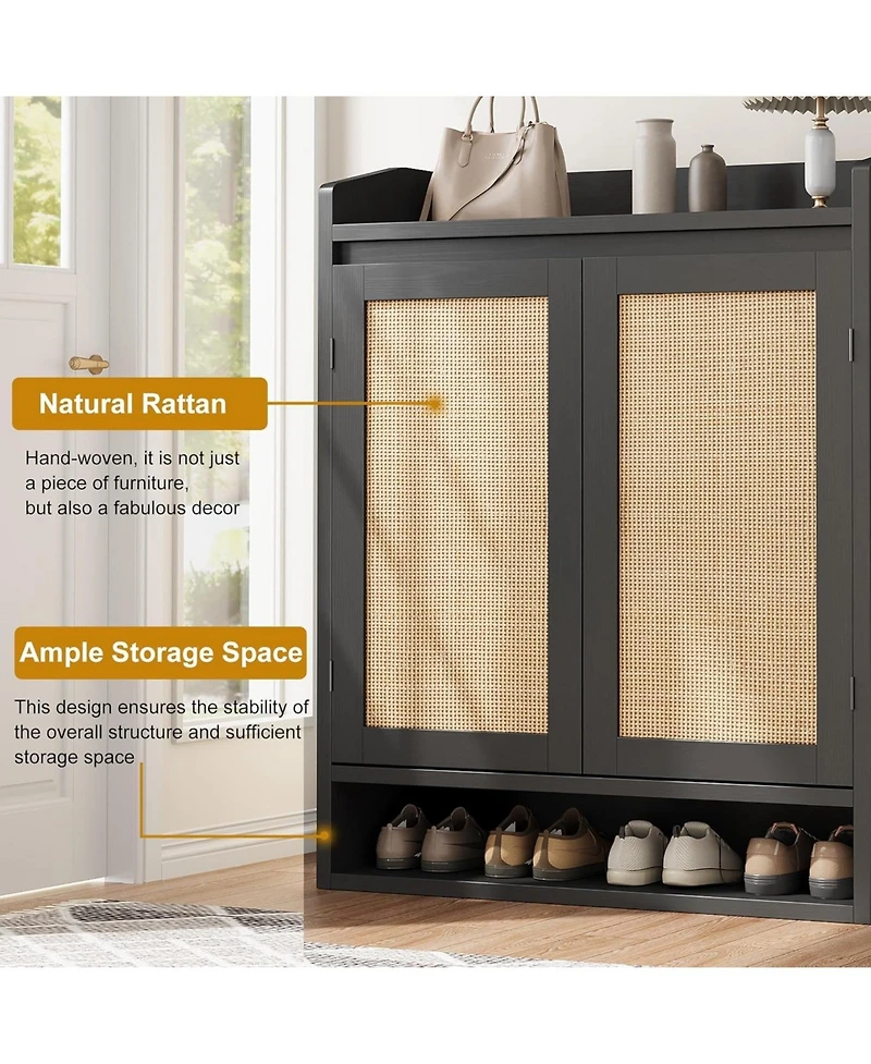 gaomon 5-Tier Wooden Shoe Cabinet with 2 Rattan Doors and Adjustable Shelves