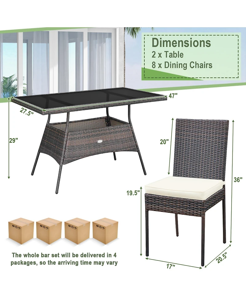 Gymax 10 Pcs Rattan Dining Set w/ Glass Table and High Back Chair Patio Mix Brown