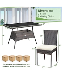 Gymax 10 Pcs Rattan Dining Set w/ Glass Table and High Back Chair Patio Mix Brown