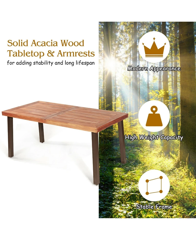 Gymax 5PCS Patio Rattan Dining Set Acacia Wood Tabletop Stackable Chair Bench