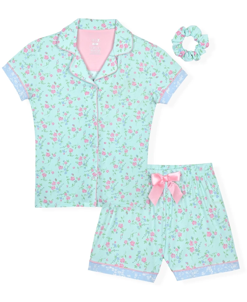 Max & Olivia Girls' 7-16 Short-Sleeve Top and Mint Floral Shorts Sleep Play with Scrunchie, 3-Piece Set