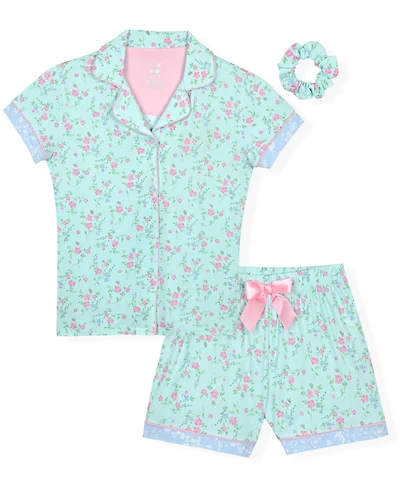 Max & Olivia Girls' 7-16 Short-Sleeve Top and Mint Floral Shorts Sleep Play with Scrunchie, 3-Piece Set