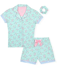 Max & Olivia Girls' 7-16 Short-Sleeve Top and Mint Floral Shorts Sleep Play with Scrunchie, 3-Piece Set