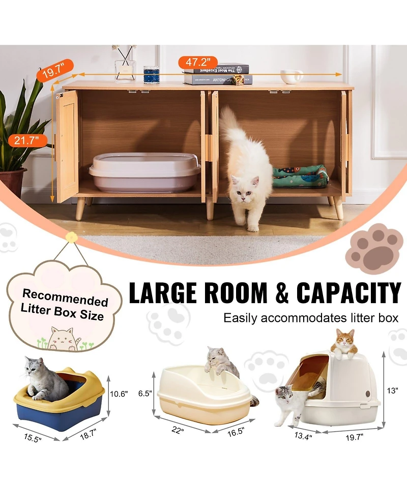 Gouun Cat Litter Box Enclosure for 2 Cats, Litter Box Furniture Hidden with Rattan Decorated Doors, Wooden Cat Box Cabinet Fit Most of Litter Box