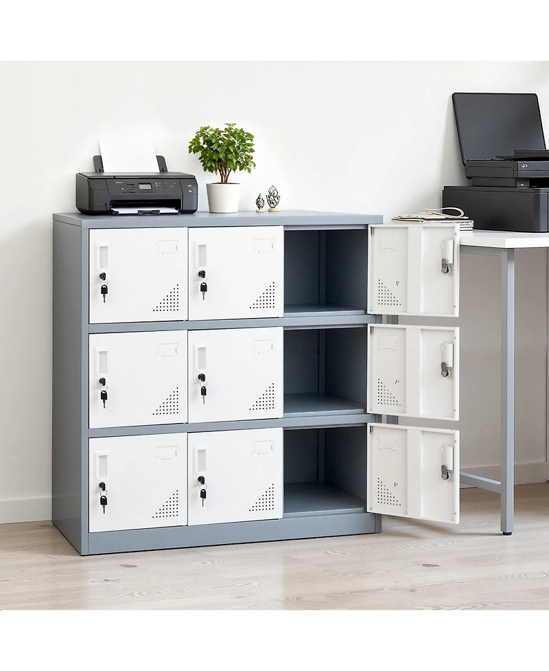 Gouun 9 Doors Metal Locker, Lockable Steel Storage Cabinet, 66 lbs Loading Capacity, 2 Keys for Each Door, 3 Tiers Employee Lockers for Office, School