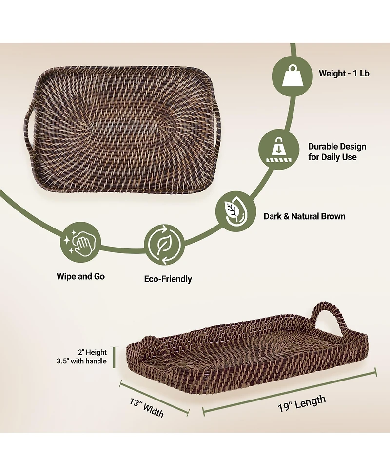 Wicker Village Natural Rattan Serving Tray with Handles | Decorative Basket Small 17x11 in, Moisture-Resistant