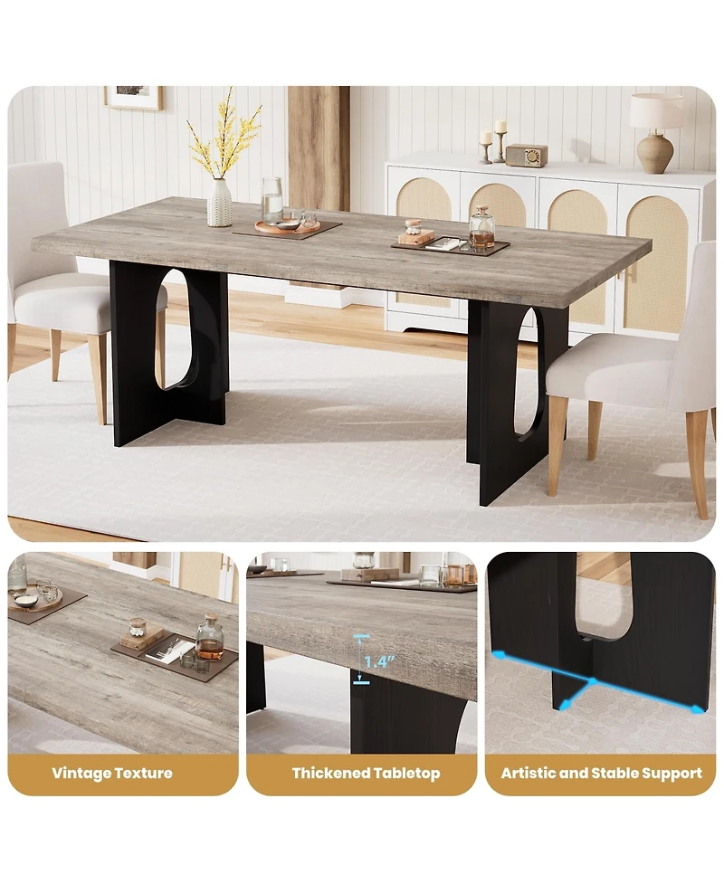 homfan Modern Rectangular Dining Table for 6-8, 71" Wooden Tabletop, Metal Pedestal Legs, Rustic Farmhouse Style, Home, Apartment, Conference Room