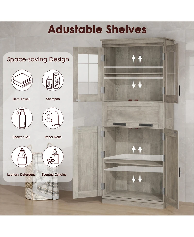 homfan 67" Tall Bathroom Storage Cabinet with 4 Doors, Flip Glass Drawer, Adjustable Shelves, Freestanding Organizer