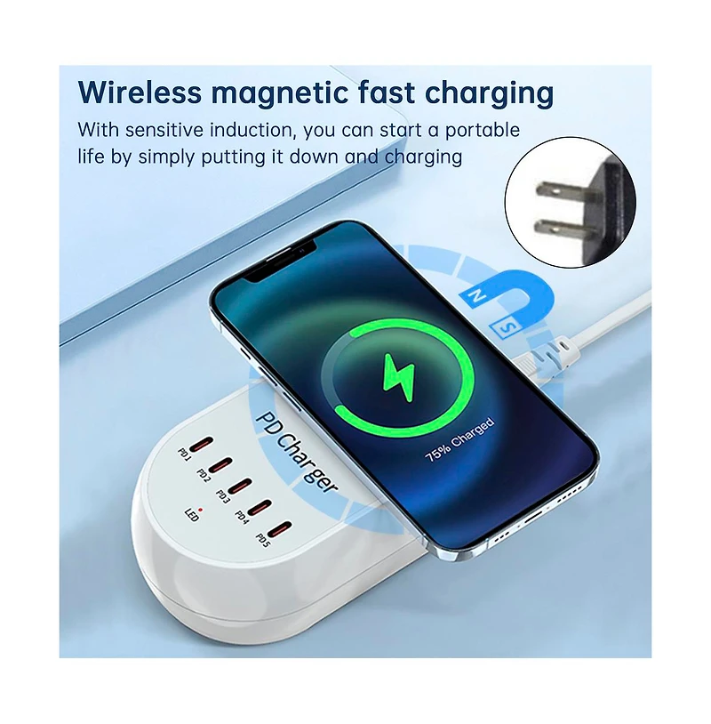 Artudatech 140W Charger - 5 Port Fast Charging Station with 100W Pd and 15W MagSafe