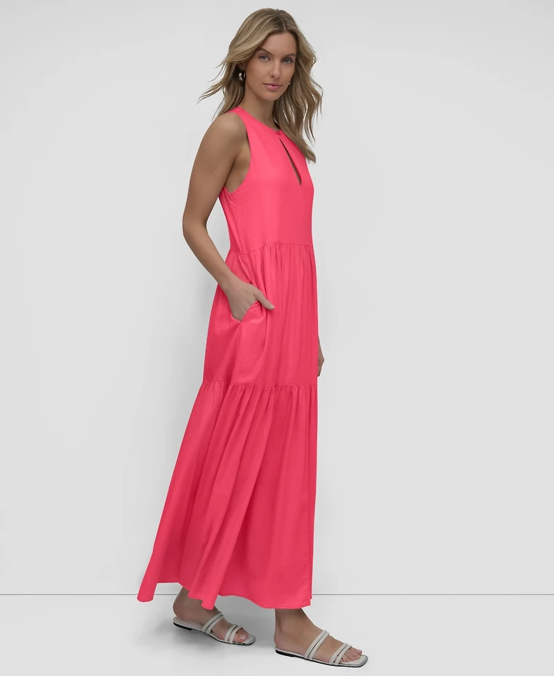 Dkny Jeans Women's Sleeveless Keyhole Crewneck Tiered Maxi Dress