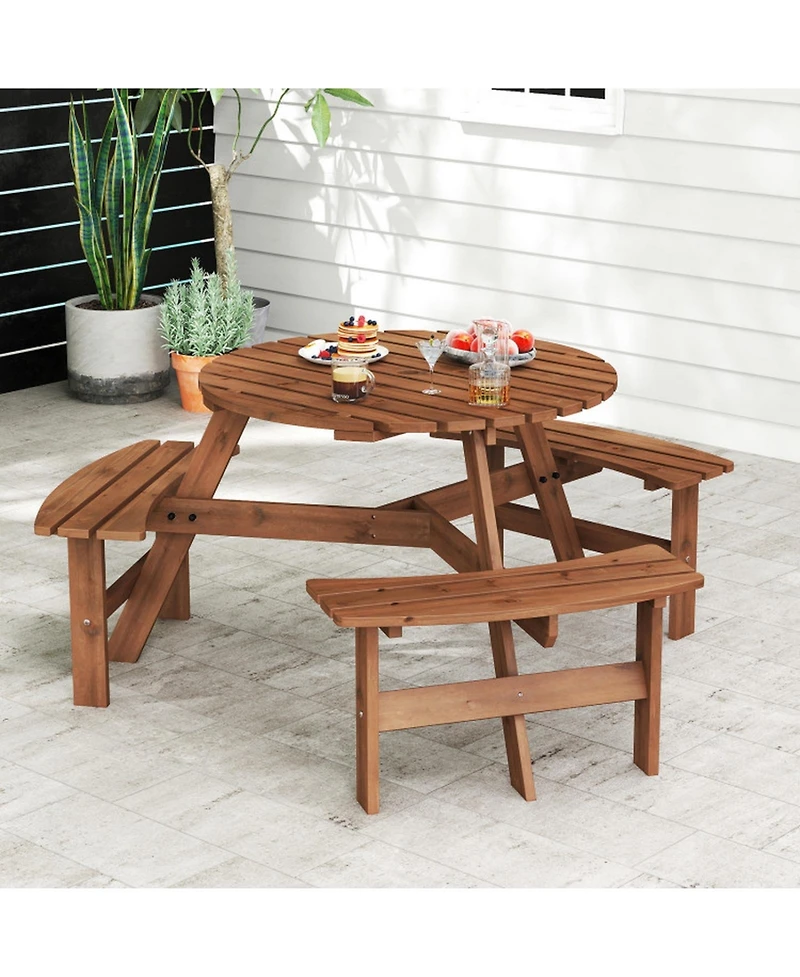 Gouun 6-Person Round Picnic Table Set with 3 Built-in Benches and Umbrella Hole