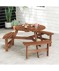 Gouun 6-Person Round Picnic Table Set with 3 Built-in Benches and Umbrella Hole