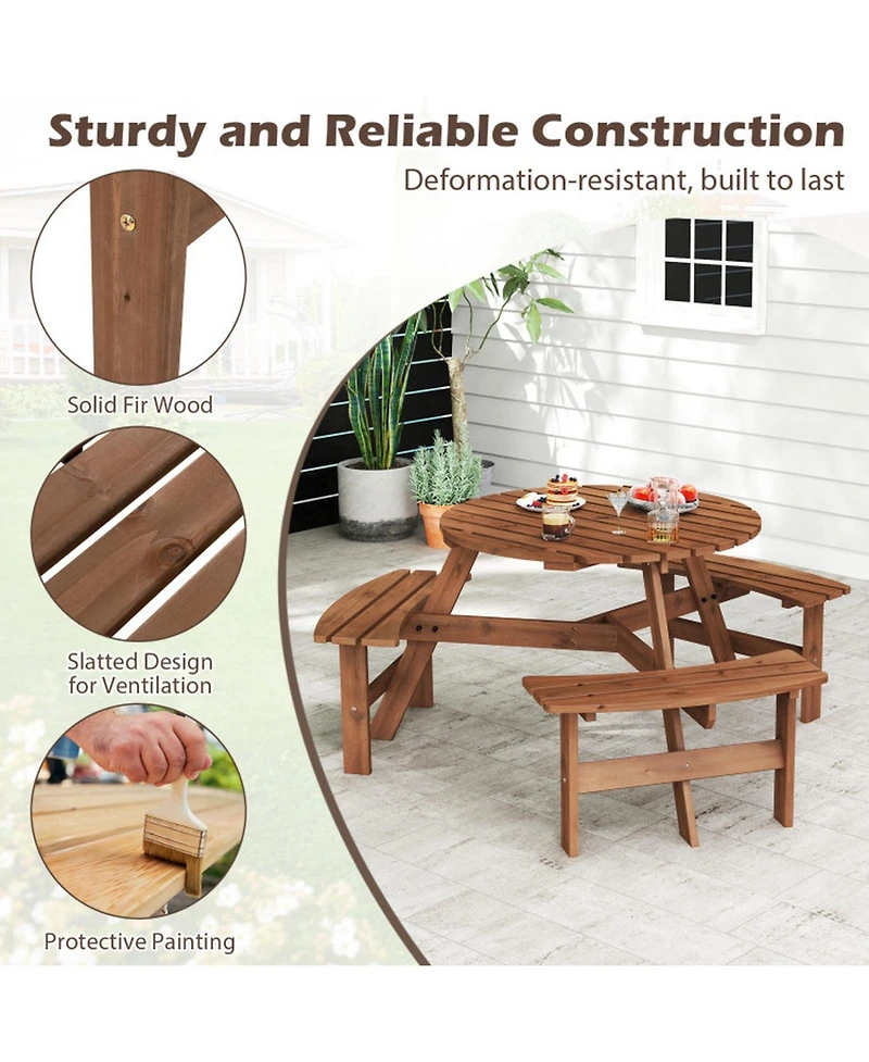 Gouun 6-Person Round Picnic Table Set with 3 Built-in Benches and Umbrella Hole