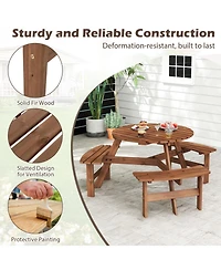 Gouun 6-Person Round Picnic Table Set with 3 Built-in Benches and Umbrella Hole