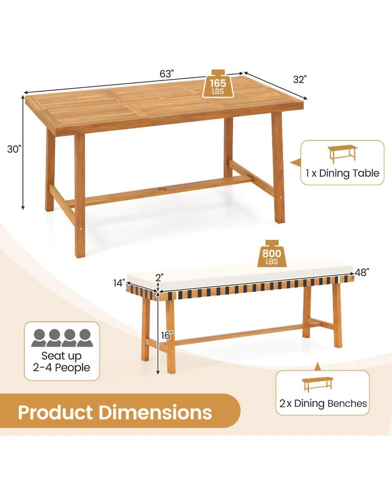 Gouun 3-Piece Farmhouse Patio Dining Set with 63 in Acacia Wood Table, 2 Cushioned Benches