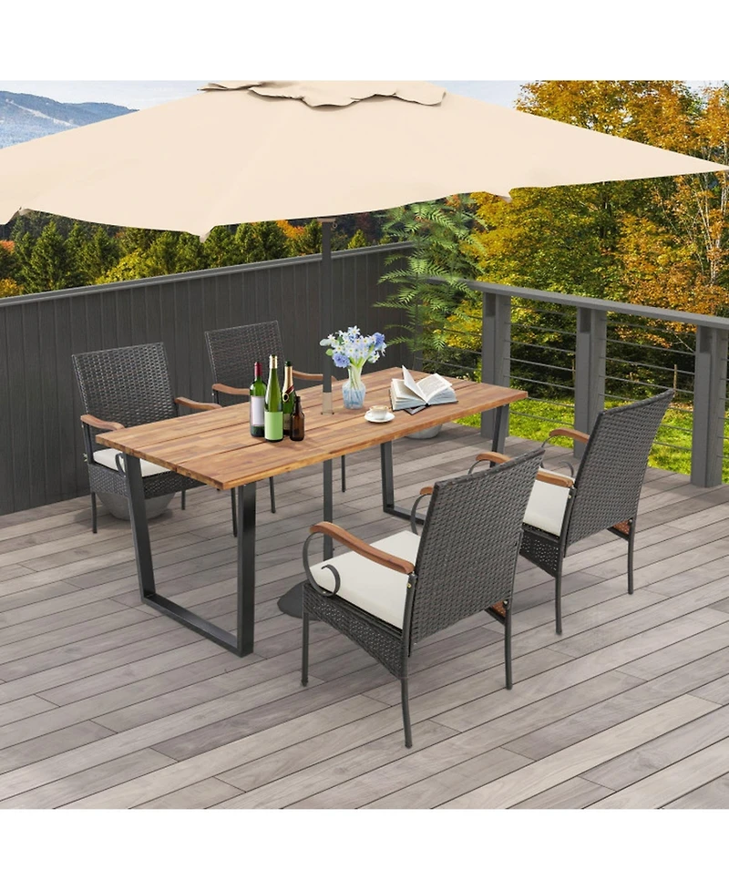 Gouun 5-Piece Patio Rattan Dining Set with Acacia Wood Table and Umbrella Hole for 4