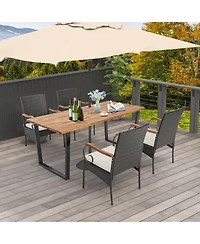 Gouun 5-Piece Patio Rattan Dining Set with Acacia Wood Table and Umbrella Hole for 4