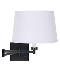 Franklin Iron Works Modern Swing Arm Wall Lamp Espresso Plug-In Light Fixture Linen Drum Shade for Bedroom Bedside Reading