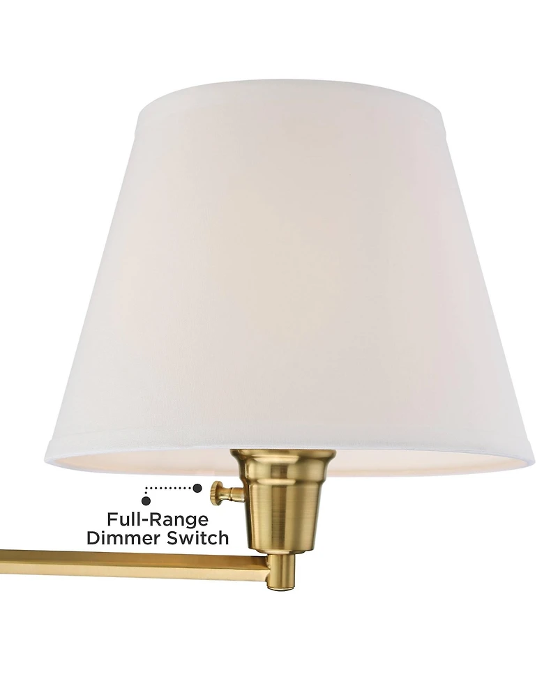 360 Lighting Clement Modern Swing Arm Wall Lamps Set of 2 with Cord Covers Warm Brass Plug-in Light Fixture Linen Drum Shade for Bedroom Bedside