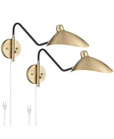 360 Lighting Colborne Mid Century Modern Swing Arm Wall Lamps Set of 2 Brass Plug-in Light Fixture Up Down Metal Shade for Bedroom Living Room