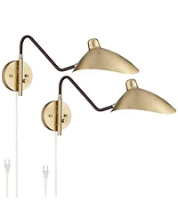 360 Lighting Colborne Mid Century Modern Swing Arm Wall Lamps Set of 2 Brass Plug-in Light Fixture Up Down Metal Shade for Bedroom Living Room