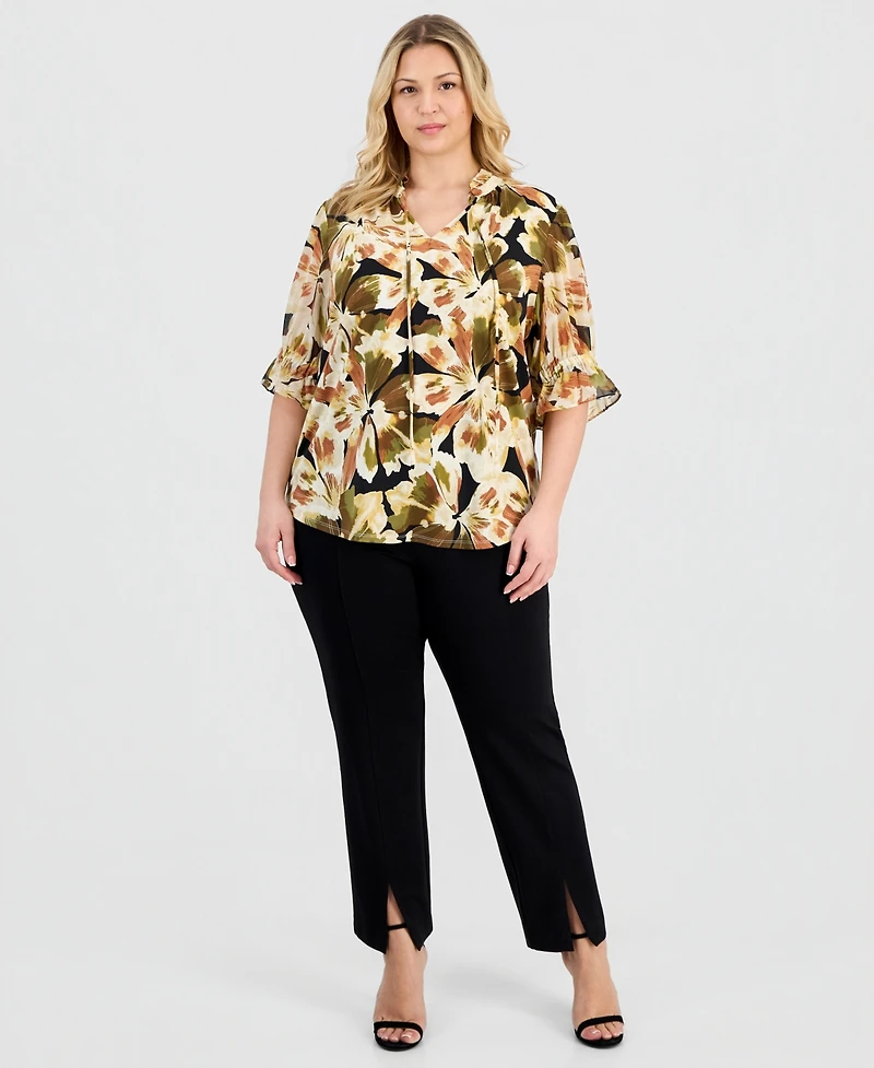Anne Klein Plus Elbow-Sleeve Tie-Neck Peasant Top